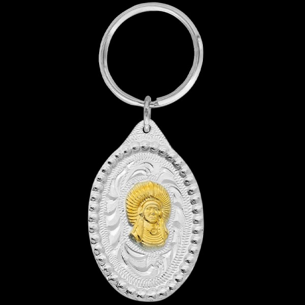 Gold Chief, The Chief keychain includes a beautiful beaded border, a Chief 3D figure, and a key ring attachment. Each silver key chain is built with our white metal al